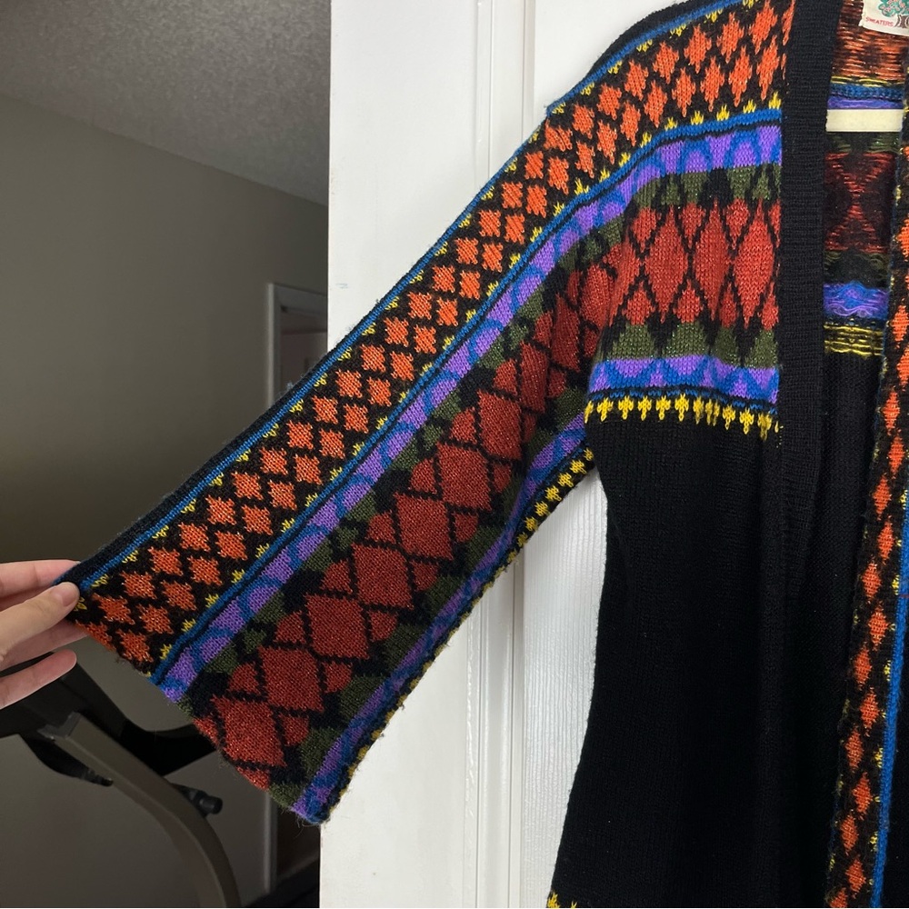 Vintage Boho 70’s Open Front Geo Knit Mid Long Cardigan Duster Sweater Sz M - Picture 3 of 7